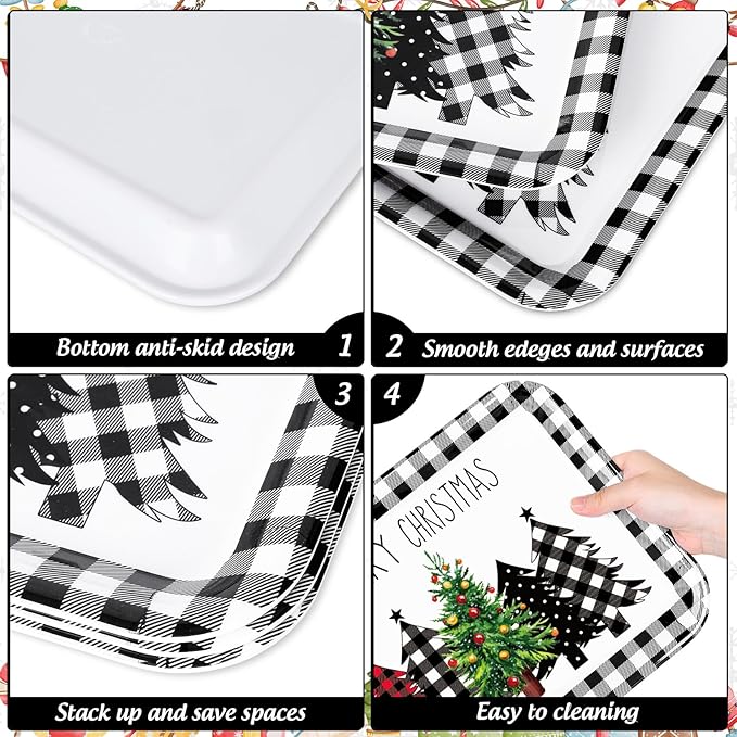 3Pcs Christmas Serving Trays Black and White Plaid Xmas Tree Platter Rustic Serving Dishes for Holiday Party Sharing Snacks Fruit Dessert Candy