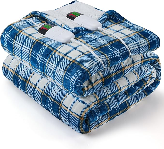 Heated Electric Blanket Queen Size, 84X90 Heating Blanket Queen with Dual Control&10 Heats Levels&Timer for Bed,Blue Plaid Sherpa Soft Blankets Warmer Gift for Grandma Women Adults, Washable,ETL