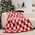 Snuggle Sac Faux Fur Checkered Blanket Twin Size with Soft Knitted Microfiber Fabric,Cozy Soft Warm Blanket for Sofa Bedroom Living Room, Red Checker,60x80 inches