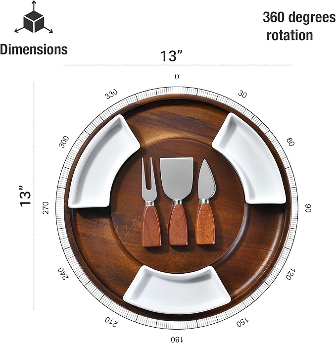 Shanik Acacia Wood Lazy Susan Cheese Board Set – Rotating Charcuterie Platter, Elegant Serving Tray for Appetizers, Snacks, Parties & Weddings