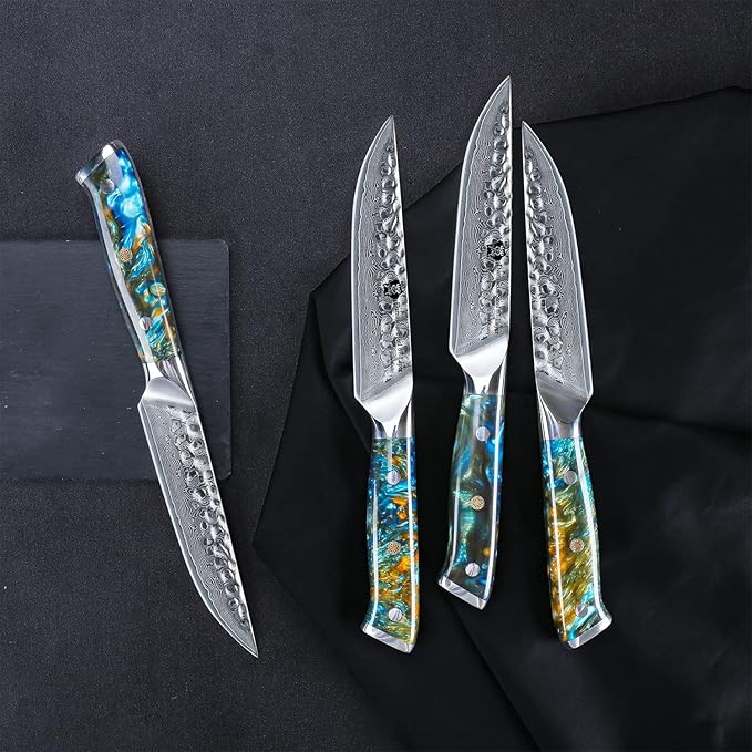 WILDMOK Steak Knife Set 4pc Full Tang 5 inch Forged Damascus Steel Dinner Knives Full Tang Ergonomic Beautiful Resin Handle