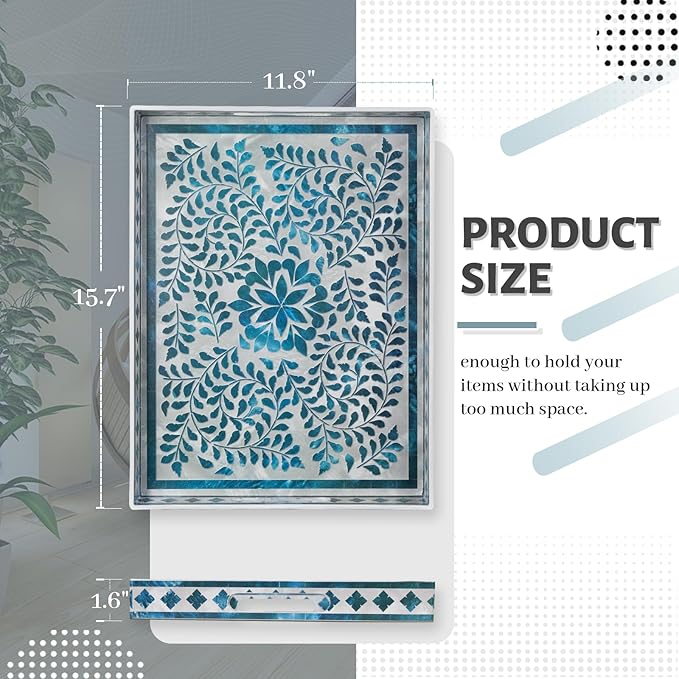 MAONAME Rectangular Decorative Tray, Plastic Serving Tray with Handles, Modern Blue Trays for Ottoman, Coffee Table Trays for Living Room, Home Decor, 15.7" x 11.8" x 1.6"