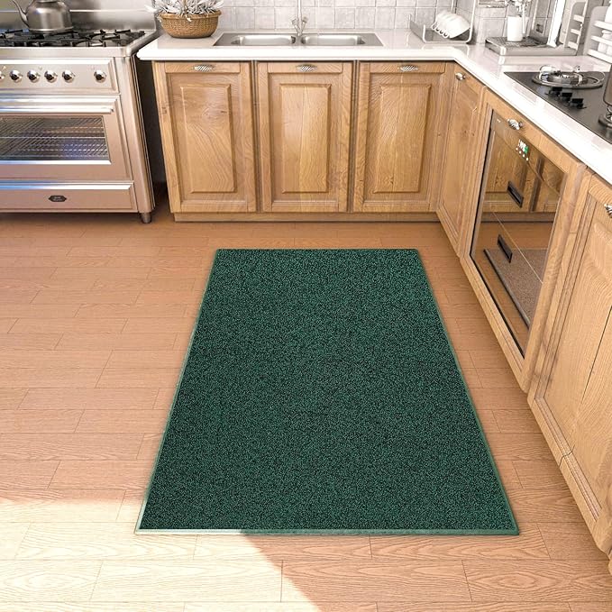 Area Rug with Non Slip Rubber Backing, Washable Soft Floor Carpet for Living Room, Kitchen, Entryway Indoor, Bedroom, Laundry, Low Pile Area Rugs, Solid Color with Pointillism Style (Green, 3' * 5')