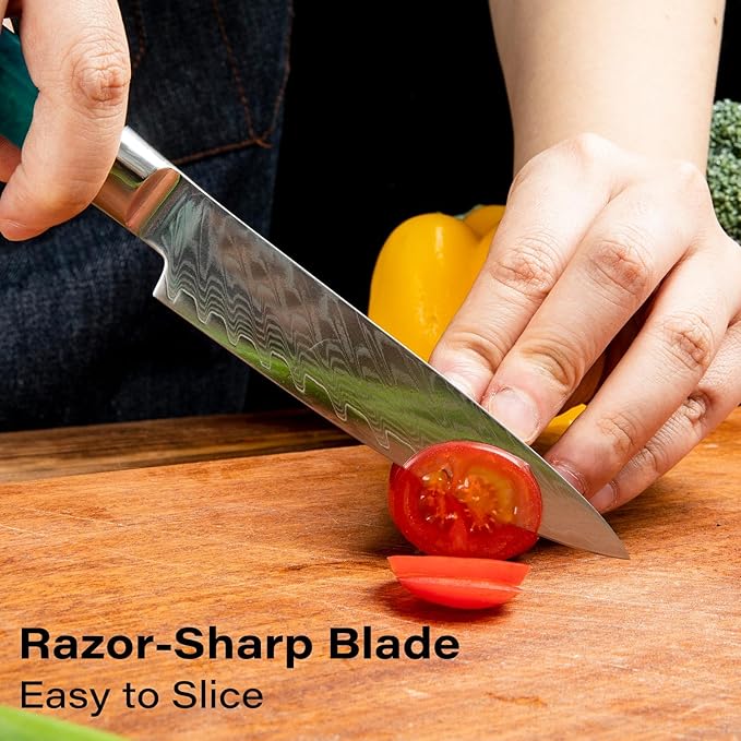 7-Piece Damascus Knife Block Sets, Damascus Knife Set for Professional Chefs, Cutlery Kitchen Scissors and Knives, Premium Razor Sharp Professional Chef Knife with Kitchen Shears and Block Set