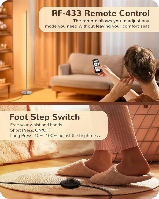 EDISHINE LED Corner Lamp, Set of 2 Minimalist Dimmable Light with Remote, 57.5" Tall Slim Sleek Floor Lamps for Living Room, Bedroom, Office, 7 Color Temperature 2700-6000K, (Silver)