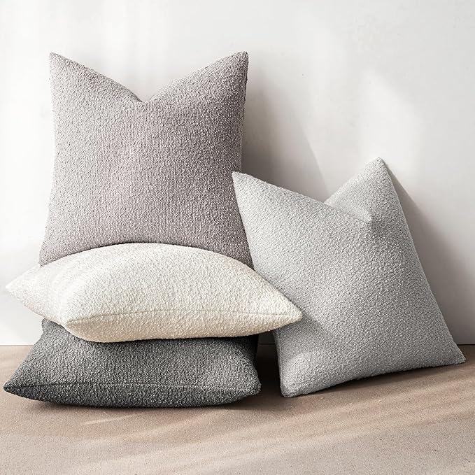 MIULEE Pack of 4 Decorative Textured Boucle Throw Pillow Covers 18x18 Inch Neutral Grey Accent Solid Pillow Cases Couch Cushion Covers for Modern Farmhouse Boho Chair Sofa Bed Livingroom Home Decor