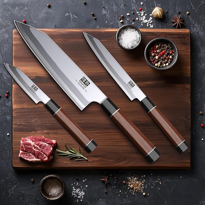 SHAN ZU 3PCS Japanese Knife Set, 9 Layers 10Cr15MoV High Carbon Steel Professional Kitchen Knives, Sharp Chef Knife Set with Ergonomic Red Sandalwood Handle, Cooking & Cutting Knives Set and Gift Box
