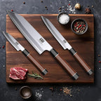 SHAN ZU 3PCS Japanese Knife Set, 9 Layers 10Cr15MoV High Carbon Steel Professional Kitchen Knives, Sharp Chef Knife Set with Ergonomic Red Sandalwood Handle, Cooking & Cutting Knives Set and Gift Box