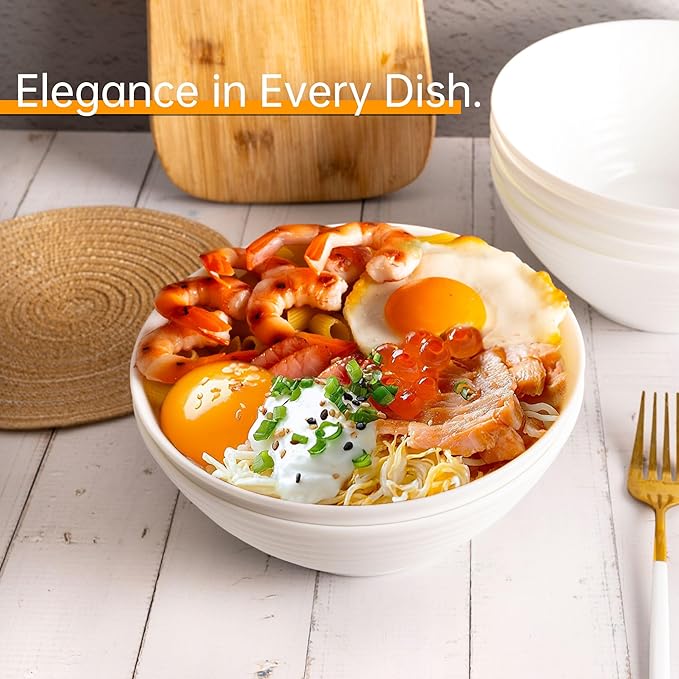 C CREST 30oz White Glass Bowl Set of 6, Perfect for Soup, Cereal, Ramen, Oatmeal, Fruit, Salad, Rice Bowls, Great for Breakfast, Lunch & Dinner