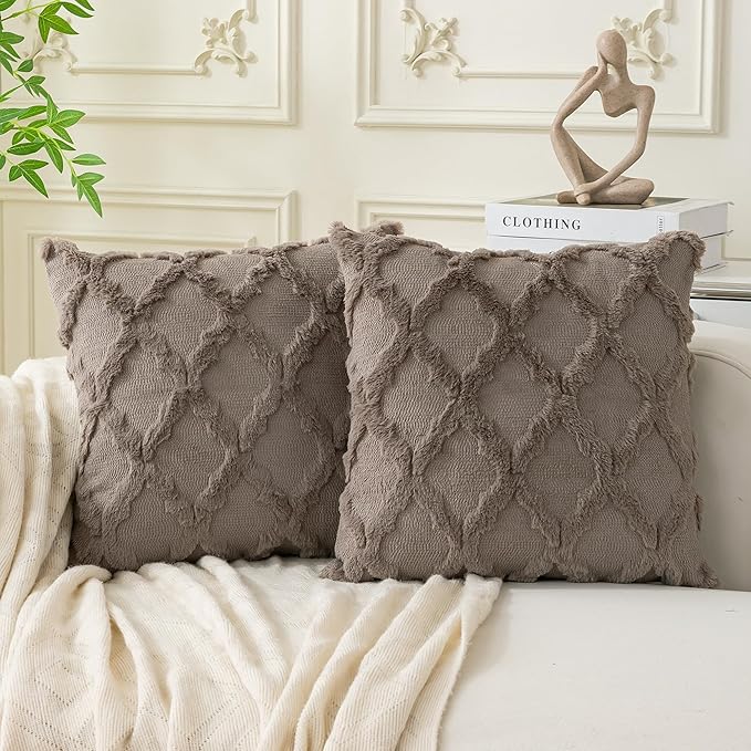 Set of 2 Soft Moroccan Throw Pillow Covers 16x16 Inch Plush Boho Decorative Pillow Cover Accent Cushion Case for Couch Sofa Bed, Deep Grey