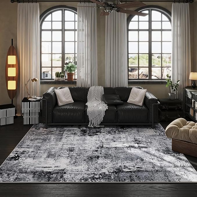 Rugcomf 9x12 Rug Washable Boho Rug Soft Large Area Rug Non-Slip Non-Shedding Faux Wool Vintage Rug for Living Room, Farmhouse, Dining Room, Indoor, Kids Playroom, Grey and Black