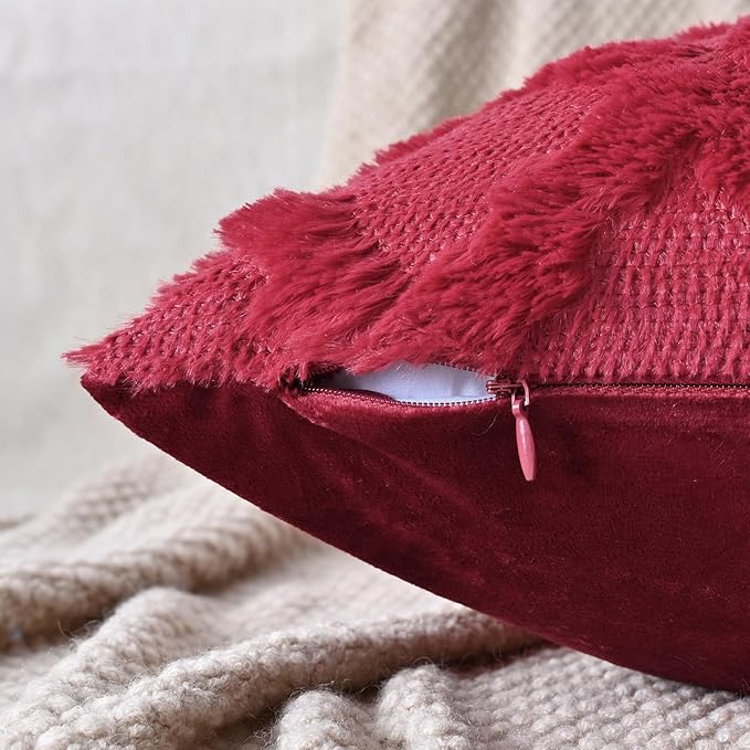 Set of 2 Soft Moroccan Throw Pillow Covers 16x16 Inch Plush Boho Decorative Pillow Cover Accent Cushion Case for Couch Sofa Bed, Burgundy