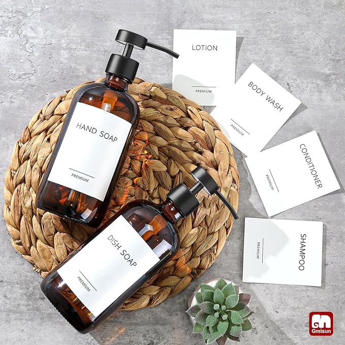 GMISUN Amber Glass Soap Dispenser, 2 Pack Bathroom Hand Soap Dispensers with Stainless Steel Flat Pump, 17 Fl Oz Kitchen Dish Soap Dispenser, Modern Vintage Liquid Brown Soap Dispensers Bottle Set