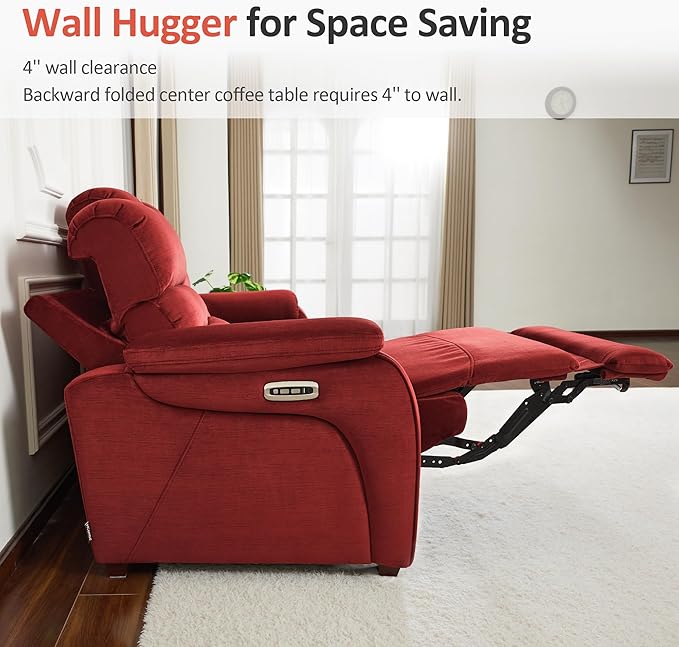 MCombo Wall Hugger Recliner Sofa with Drop Down Table, Power Reclining Sofa with Adjustable Headrest, USB A&C Charge Ports, Reading Lamp, Cup Holders, for Living Room, RVs (Fabric, ST258M3, Burgundy)