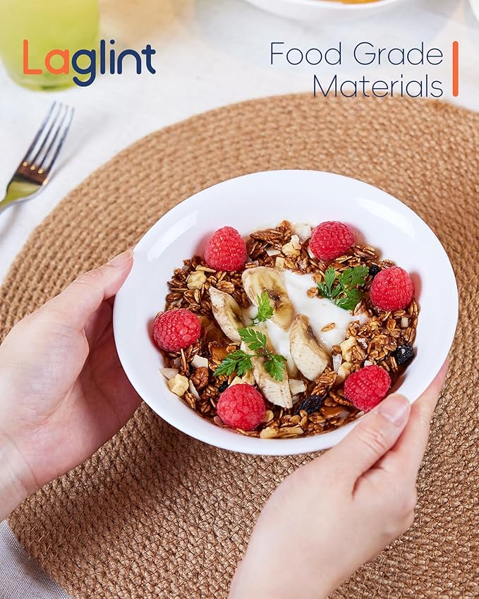 14 OZ (16 OZ MAX) White Opal Glass Cereal Bowl Set of 6, 6.5 inch Dishwasher & Microwave Safe Round Bowls for Soup, Salad and Rice