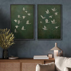 SIGNFORD Framed Canvas Print Wall Art Set Flight of Cranes Elegant Birds in Soft Green Hues Illustration Modern Art Decorative Nordic Nature for Living Room, Bedroom, Office - 16"x24"x2 Black