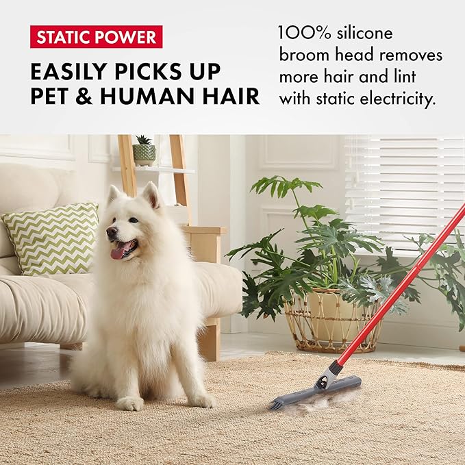 2-in-1 Silicone Rubber Broom Carpet Rake and Squeegee - Swivel Pet Hair Removal Broom with Long Handle - Slanted Side Bristles for Corners - Multipurpose Rubber Broom for Carpet, Hardwood Floor, Tile