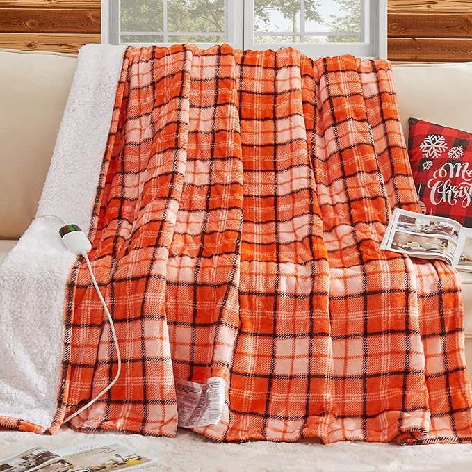 Heated Electric Blanket Full Size,72X84 Heating Blanket,Orange Plaid Soft Sherpa Blankets Warmer Gift for Grandma Women Adult,Fast Heating Washable,ETL