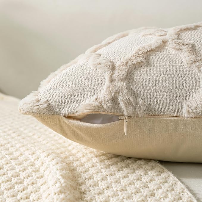 Set of 2 Soft Moroccan Throw Pillow Covers 12x20 Inch Plush Boho Decorative Pillow Cover Accent Cushion Case for Couch Sofa Bed, Beige