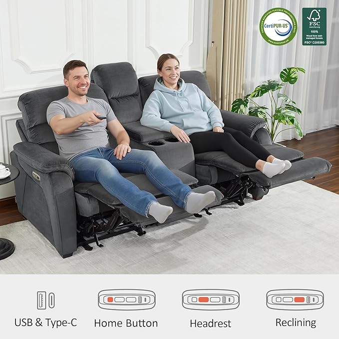 MCombo Zero Wall Recliner Loveseat with Console, Power Recliner Loveseat with Adjustable Headrest, USB A & C Charge Ports, Cup Holders, for Living Room, RVs, Small Spaces (Fabric, ST258M2, Dark Grey)