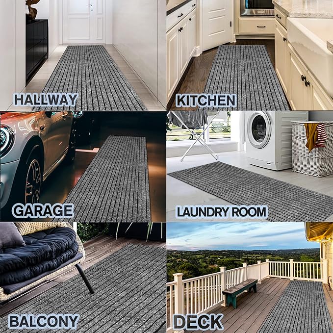Custom Size Backed Non-Slip Area Rugs Runner, Easy Clean, Waterproof Runner Rugs for Hallway Entryway, Kitchen, Laundry, 4FT x 63FT, Gray Stripe