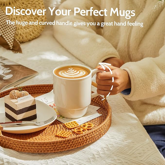 Sweese 21 Oz Large Mug Set, Porcelain Stackable Mugs Sets of 6, Coffee Cups with Handle for Coffee, Tea and Mulled Drinks, White