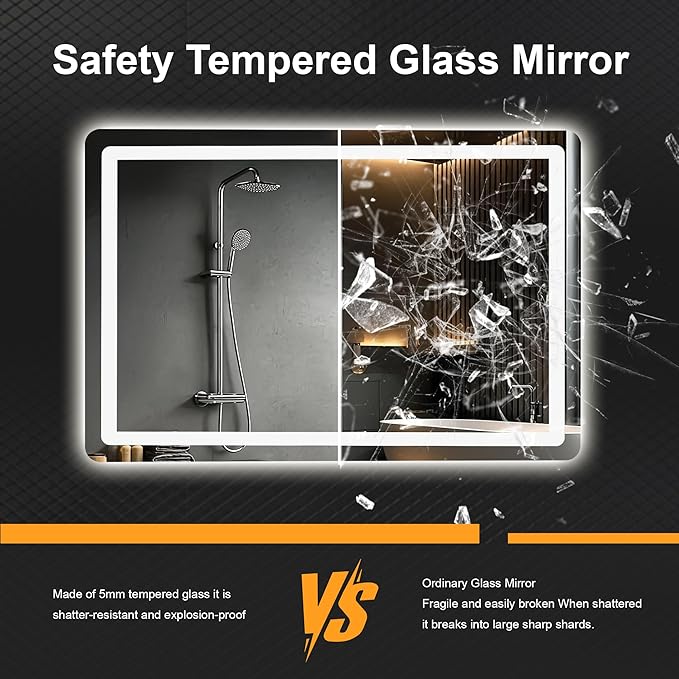 Led Bathroom Mirror, 36x24 Bathroom Vanity Mirror for Wall with Light, IP54 Enhanced Anti-Fog, Dimmable 3 Colors, Memory Function, Backlit and Front Lit, Shatter-Proof Glass, Plug-in/Hardwired