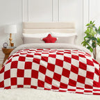 Snuggle Sac Faux Fur Checkered Blanket Twin Size with Soft Knitted Microfiber Fabric,Cozy Soft Warm Blanket for Sofa Bedroom Living Room, Red Checker,60x80 inches