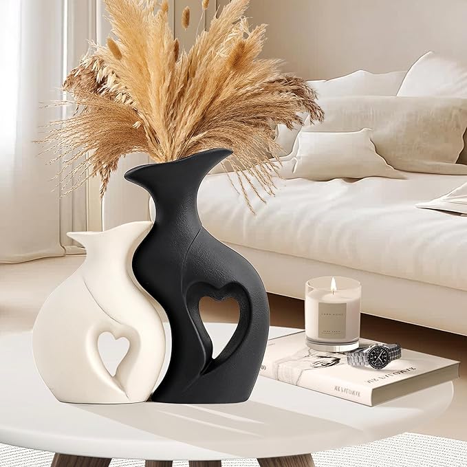 XL Black and White Vase Set of 2,Heart Shaped Ceramic Vases Home Decor,Minimalist Decorative Vases,Modern Home Decor for Wedding Dining Living Room Office Coffee Table Centerpiece