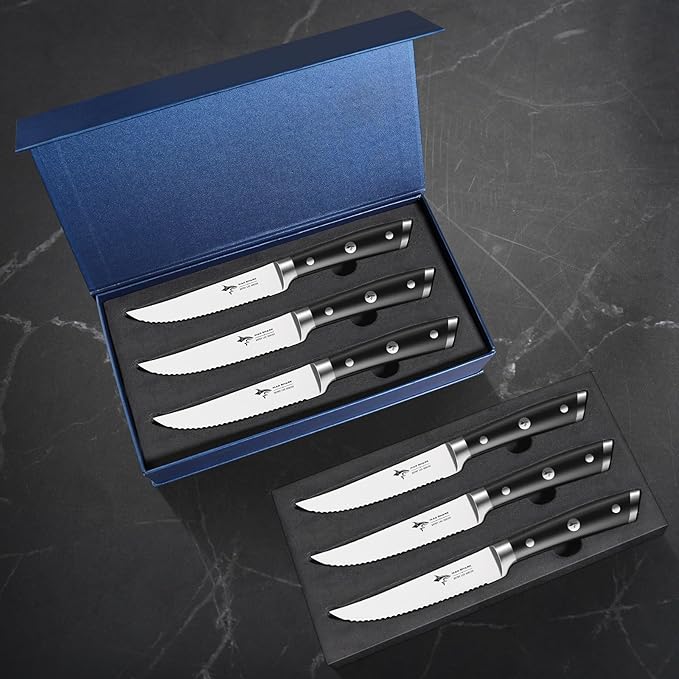 MAD SHARK Steak Knives Set of 6,Premium 12.6-inch Serrated Steak Knife Set,Ultra Sharp German High Carbon Stainless Steel Triple Rivet Collection 6-Piece Kitchen Steak Knife Set (STEAK KNIFE SET OF 6)