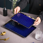 Stone Lain Florian Porcelain Large and Medium Rectangle Service Platters, Blue with Gold Rim