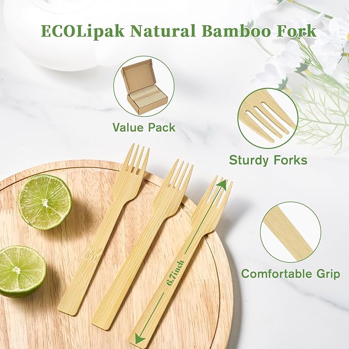 ECOLipak 300 Count Bamboo Forks Disposable, 6.7 Inch No Splinters Heavy Duty Bamboo Disposable Compostable Forks for Party, Wedding, Camping, Traveling, Family Dinners, Large Events