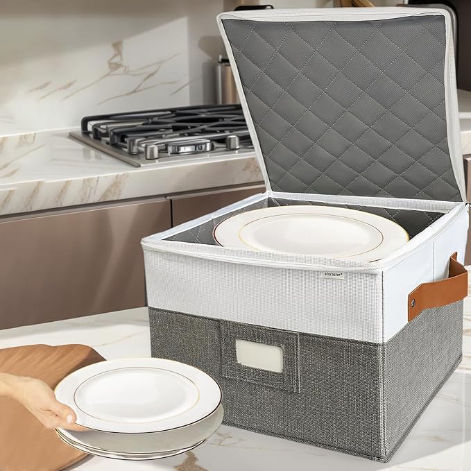 China Storage Containers,Quilted Dish Plate Storage with Stackable Lid for Dinnerware Kitchen Moving,2PACK 12 * 12 * 8in(Grey)