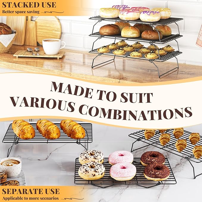 Cooling Racks for Cooking and Baking - 3 Tier Stackable Grid Wire Baking Rack for Oven Cooking, Baking, Grilling, Roasting -Dishwasher Safe Bacon Rack