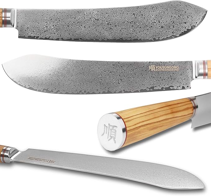 YOUSUNLONG Breaking Knife Bull Nose Pro Butcher Knife 10 Inch Japanese Damascus Steel Italian Olive Wood Handle with Leather Sheath