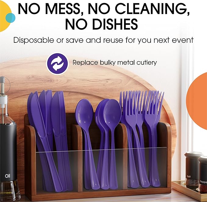 Party Solids Purple Plastic Knives 200 Pcs Purple Knives Disposable Utensils Heavy Duty Plastic Cutlery Set Disposable Cutlery Sets Flatware Sets Silverware Set Party Supplies & Party Tableware