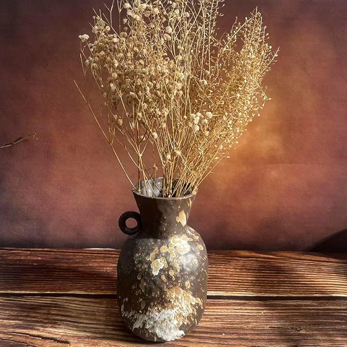 Rustic Pottery Ceramic Vase - Vintage Farmhouse Style Decor, White Grid Ceramic Vases for Home Decor, Modern Farmhouse Decor (Black white)