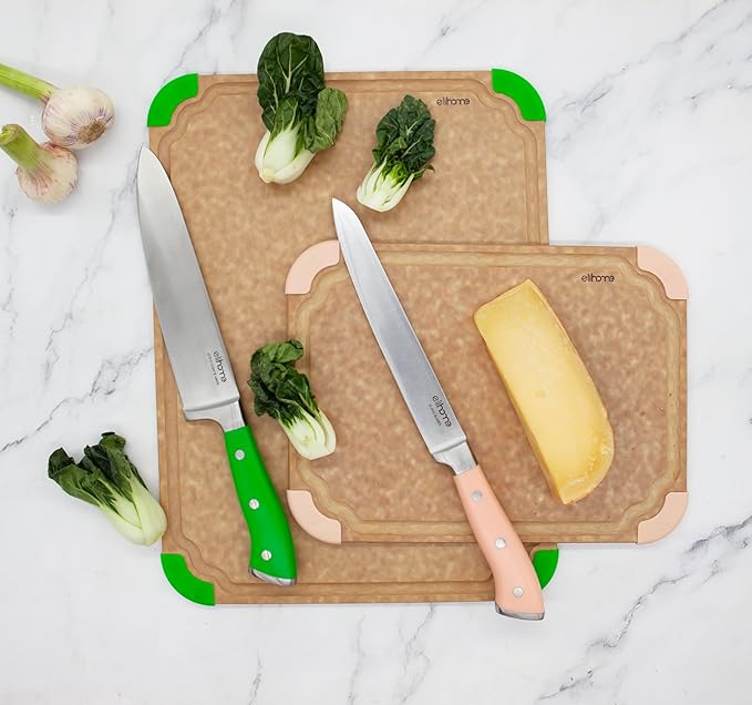 Elihome Cutting Wise 4pcs Kitchen Cutting Board Set, Non Slip Feet, Color Coded with Food Icon, Natural Wood Fiber, Dishwasher Safe, Eco-Friendly, Juice Grooves,Non Porous, BPA Free, Made in USA