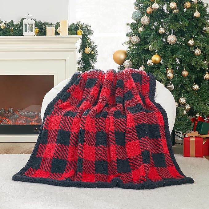 Cozy Bliss Luxury Sherpa Throw Blanket for Couch, Premium Reversible Buffalo Plaid Thick Throw, Warm Cozy Soft Blanket for Home and Gifts (Red/Black Buffalo Check, 50" x 60")