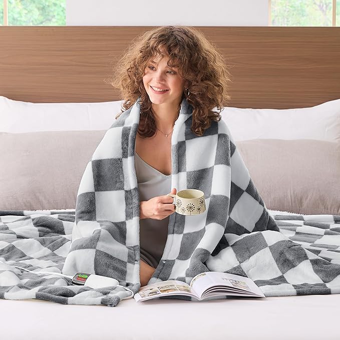 Heated Electric Blanketc Throw, 50X60 Heating Blanket with 10 Heat Level & 8 Hour Auto Off for Lap, Light Gray Checkered Plaid Sherpa Blankets Warmer Gift for Couch Grandma Women Adults Washable, ETL