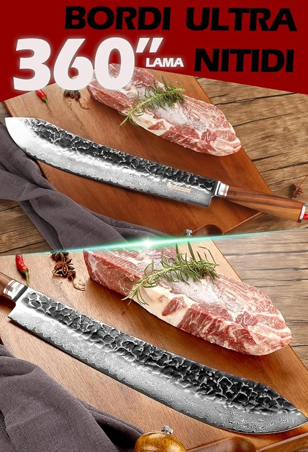 YOUSUNLONG Bull nose Breaking Knife 14 Inch (356mm) Extra length Super Japanese Hammered Damascus steel Natural Walnut Wood Handle with Leather