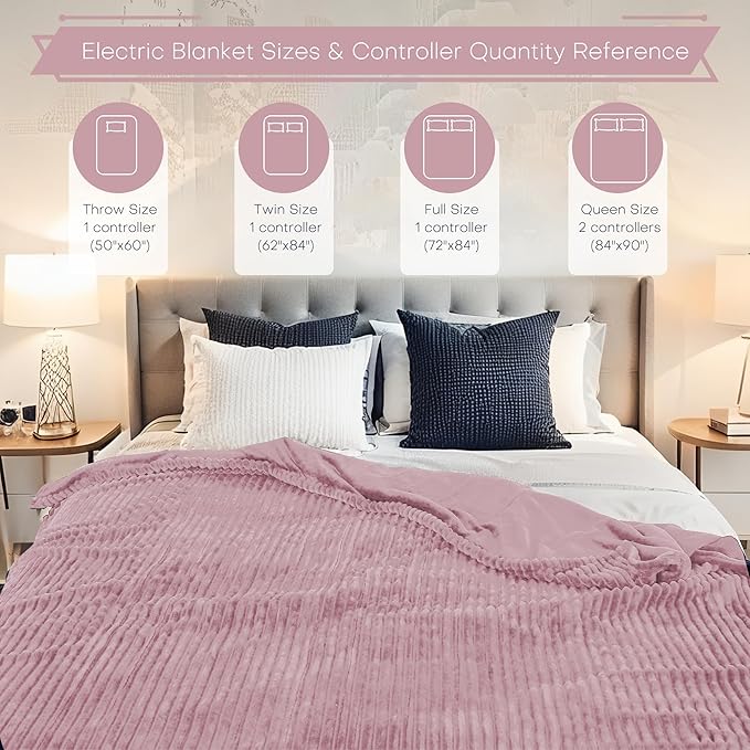 Electric Heated Blanket 50"x60" Throw Size with Cozy Flannel, 6 Heat Settings & 3 Hours Auto Off, Soft & Cozy Warming Throw for Home, Office, or Bed, Machine Washable, Pink
