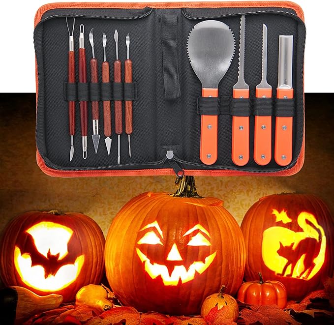 Lulu Home Halloween Pumpkin Carving Kit, 10 Pieces Professional Pumpkin Cutting Supplies for Jack-O-Lanterns with Bag