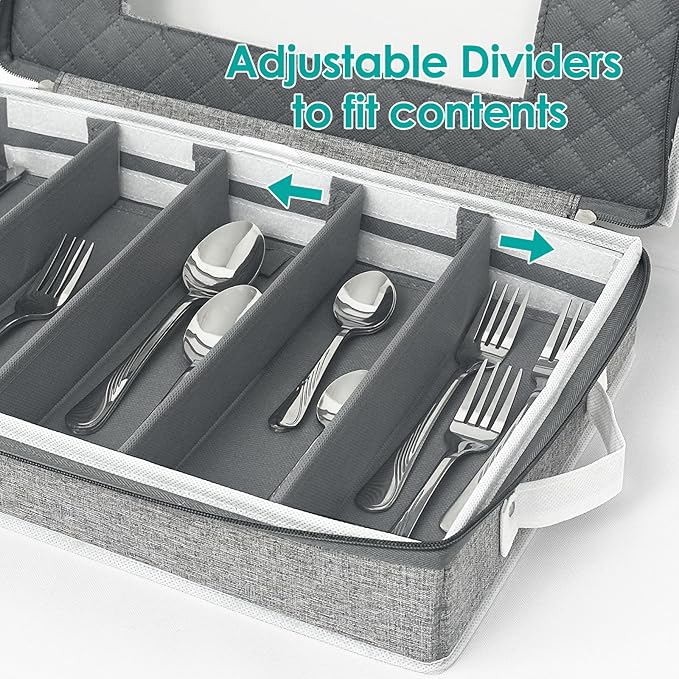 homyfort Flatware Storage Case Box, Silverware Organizer, Tableware Cutlery Utensil Storage Container with Cover/Lid and Adjustable Compartments for Flatware Organization (Grey)