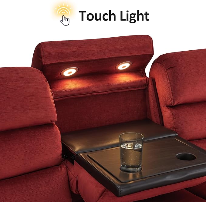 MCombo Wall Hugger Recliner Sofa with Drop Down Table, Power Reclining Sofa with Adjustable Headrest, USB A&C Charge Ports, Reading Lamp, Cup Holders, for Living Room, RVs (Fabric, ST258M3, Burgundy)