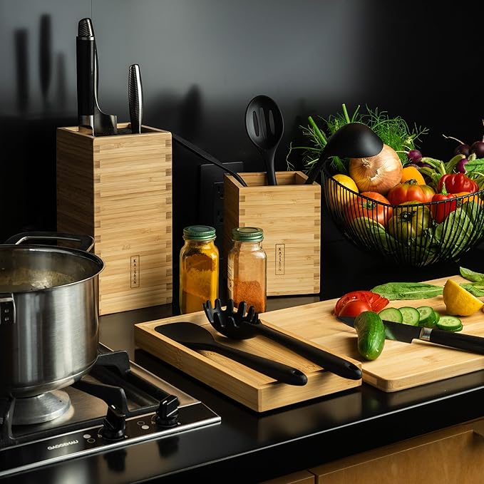 KAIZEN Bamboo Knife Block Without Knives - Perfectly Sized Universal Knife Holder for Knives, Scissors - Unique Knife Storage for Counter Top with Anti-Slip Base