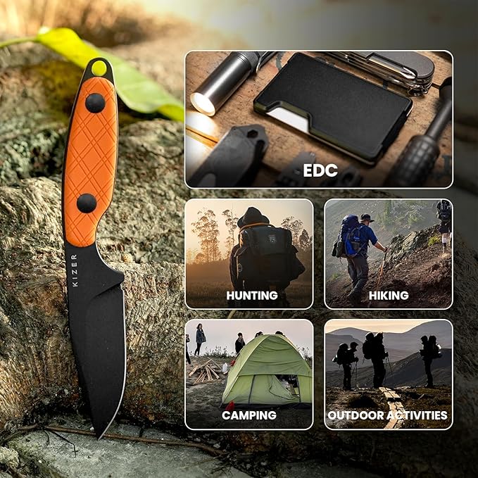 Kizer Muskrat Fixed Blade Knife, 3.15 In D2 Blade EDC Knife Argyle Pattern Orange G10 Handle Neck Knives for Men Women, Outdoor Hunting Hiking Survival Camping Knives with Sheath, 1064M2
