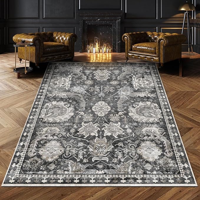 RUGSURE 5x7 Washable Area Rugs - Perfect Resistant Rug for Living Room, Bedroom, Kids Room, Nursery - Stain & Water Resistant Non-Slip, Pet & Child Friendly, Vintage Tribal Area Rugs (Grey, 5'x7')