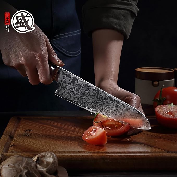 MITSUMOTO SAKARI Santoku Chef Knife 7 inch, S301 Powder Steel Damascus All-Purpose Kitchen Knife (Hand Forged)