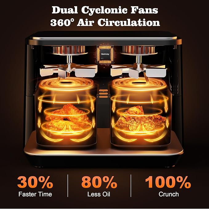 10QT Large Dual Basket Air Fryer with Viewing Window and 50pcs Paper Liners, 10-in-1 Digital Touchscreen Double Zone Air Fryers, SyncCook to Bake,Roast,Reheat,Broil, Nonstick Dishwasher Safe